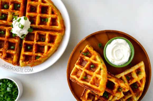 Cheesy Leftover Mashed Potato Waffles recipe on justataste.com