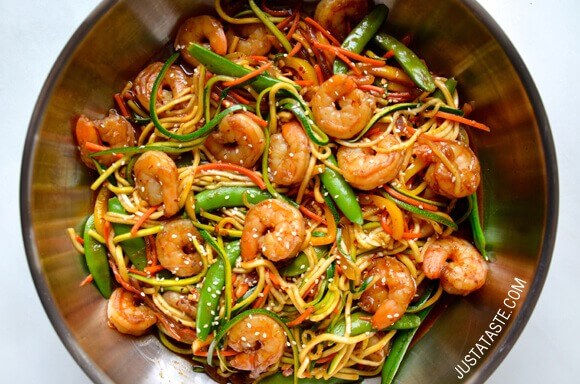 Spiralizer Recipes: Asian Zucchini Noodle Stir-Fry with Shrimp recipe on justataste.com