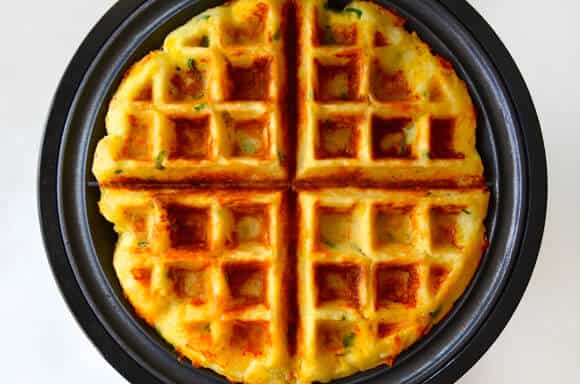 Cheesy Leftover Mashed Potato Waffles recipe on justataste.com