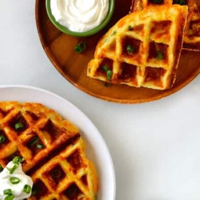 Cheesy Leftover Mashed Potato Waffles recipe on justataste.com