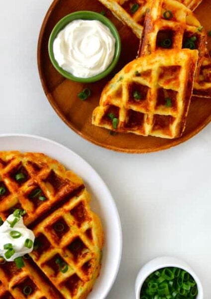 Cheesy Leftover Mashed Potato Waffles recipe on justataste.com