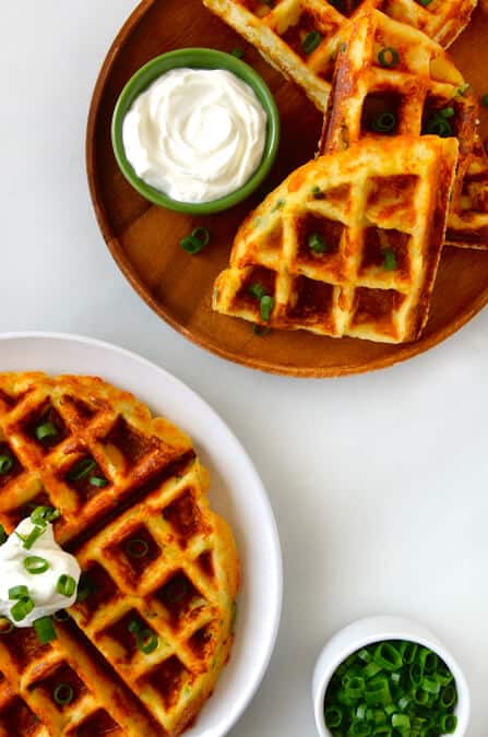 Cheesy Leftover Mashed Potato Waffles - Just a Taste