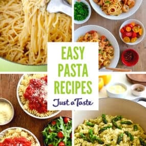 A collage of four pasta recipes, including cacio e Pepe, shrimp scampi, cheesy asparagus pasta and pasta topped with homemade marinara sauce.
