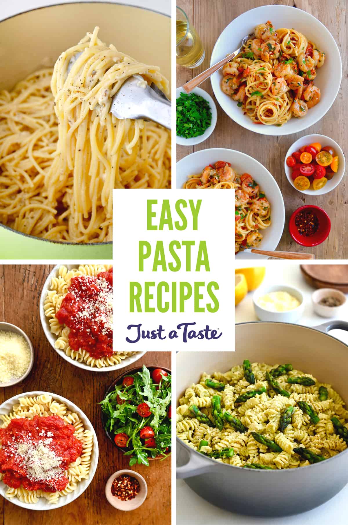 A collage of four pasta recipes, including cacio e Pepe, shrimp scampi, cheesy asparagus pasta and pasta topped with homemade marinara sauce.