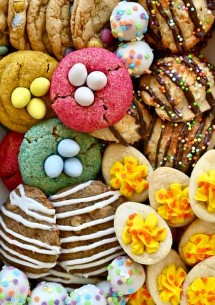 A closeup view of Easter cookies arranged side by side