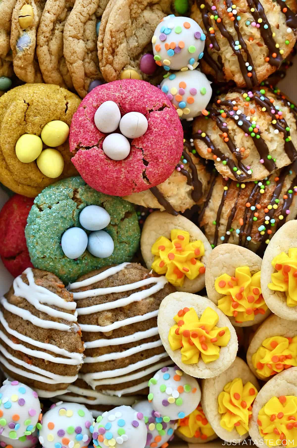 A closeup view of Easter cookies arranged side by side.