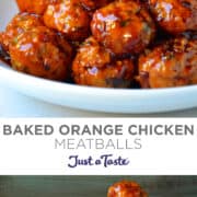 Top image: closeup view of Baked Orange Chicken Meatballs in a bowl garnished with red pepper flakes. Bottom image: Baked Orange Chicken Meatballs piled high in a white serving bowl.