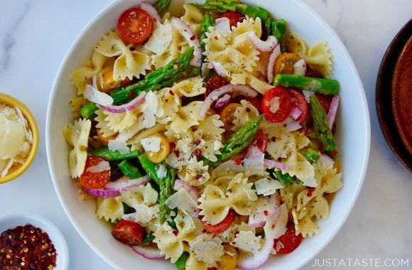 Top down view of the best asparagus pasta salad