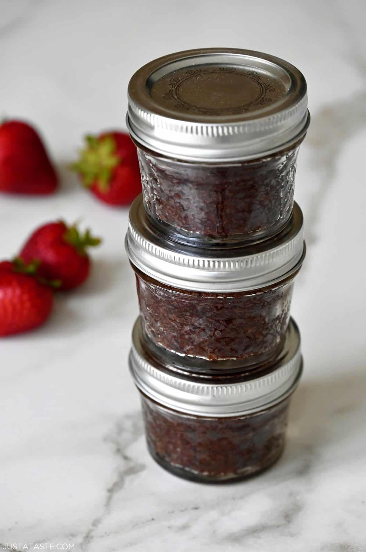 Brownies in jars stacked three high.