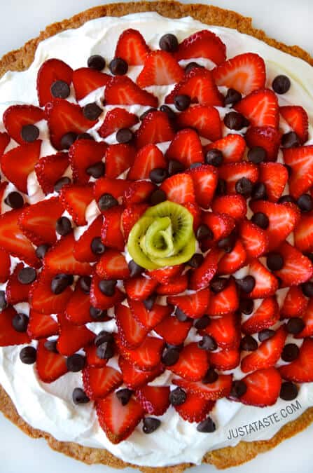 Strawberry Shortbread Cookie Cake recipe on justataste.com