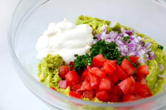 Creamy Greek Yogurt Guacamole Recipe on justataste.com