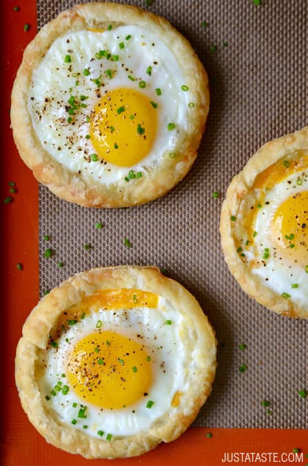 Cheesy Puff Pastry Baked Eggs recipe from justataste.com