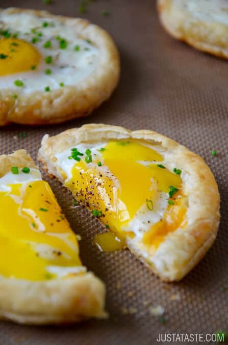 Cheesy Puff Pastry Baked Eggs recipe from justataste.com