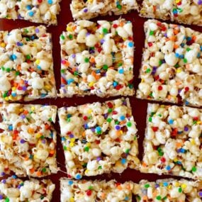 Squares of Funfetti Marshmallow Popcorn Treats