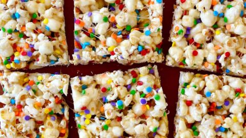 Squares of Funfetti Marshmallow Popcorn Treats