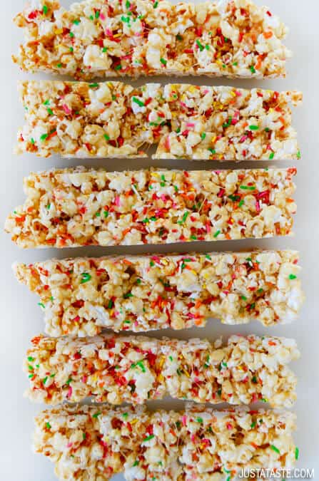 Funfetti Marshmallow Popcorn Treats recipe on justataste.com