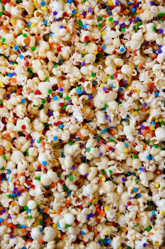 Closeup view of marshmallow popcorn snack with sprinkles