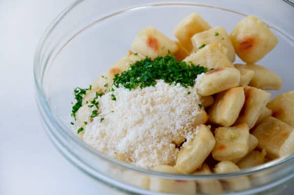 Baked Parmesan Garlic Pizza Dough Croutons Recipe on justataste.com