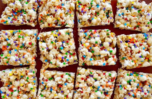 Top down view of easy funfetti popcorn treats