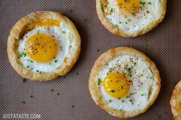 Cheesy Puff Pastry Baked Eggs recipe from justataste.com
