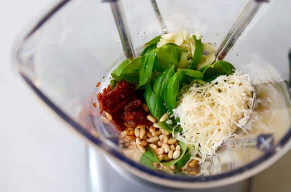 Zucchini Noodles with Sun-Dried Tomato Pesto recipe on justataste.com