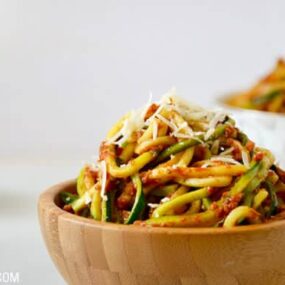 Zucchini Noodles with Sun-Dried Tomato Pesto recipe on justataste.com