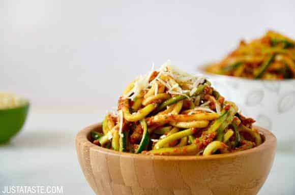 Spiralizer Recipes: Zucchini Noodles with Sun-Dried Tomato Pesto recipe on justataste.com