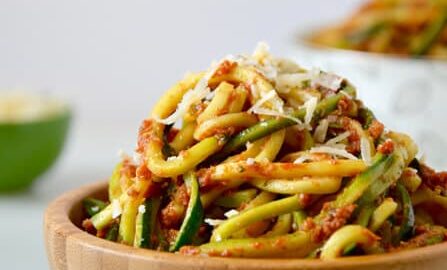 Zucchini Noodles with Sun-Dried Tomato Pesto recipe on justataste.com