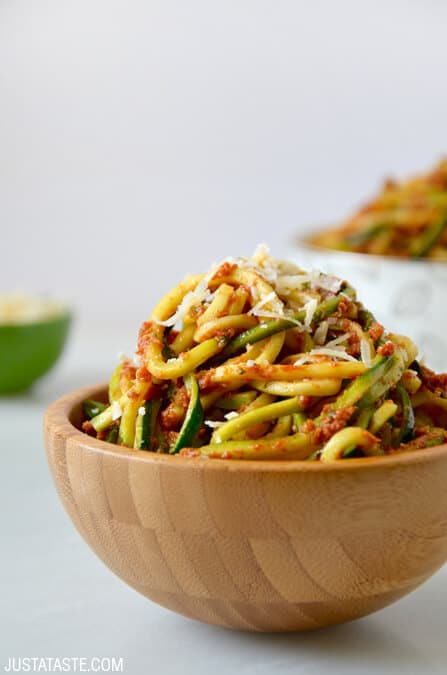 Zucchini Noodles with Sun-Dried Tomato Pesto recipe on justataste.com