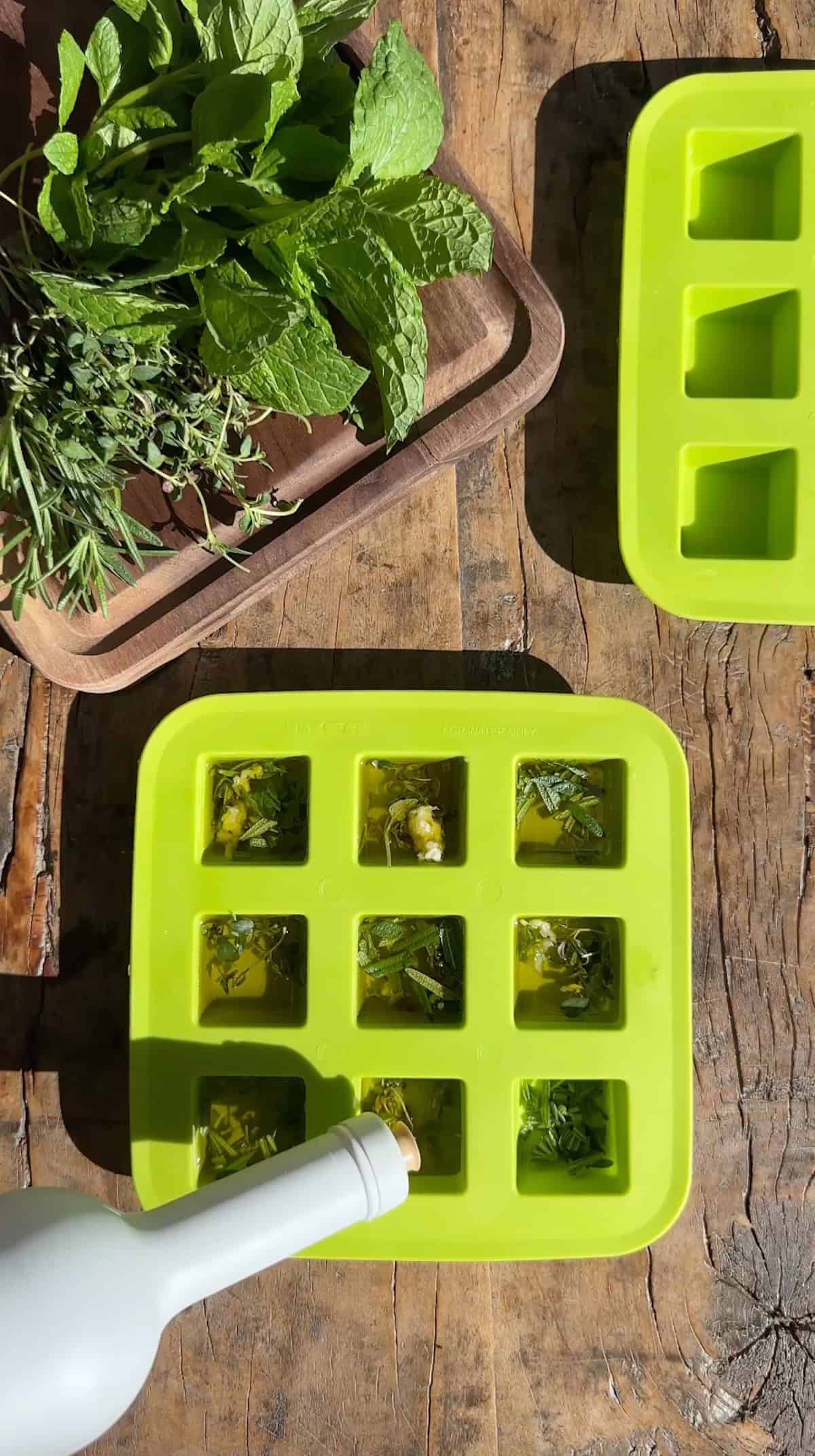 Olive oil being poured over fresh herbs in a silicone ice cube tray.