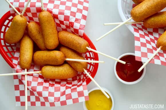 Easy Homemade Mini Corn Dogs recipe via justataste.com