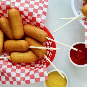 The best easy homemade mini corn dogs in a basket