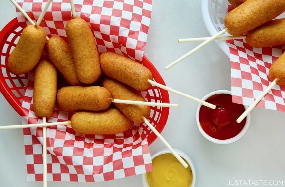 The best easy homemade mini corn dogs in a basket 