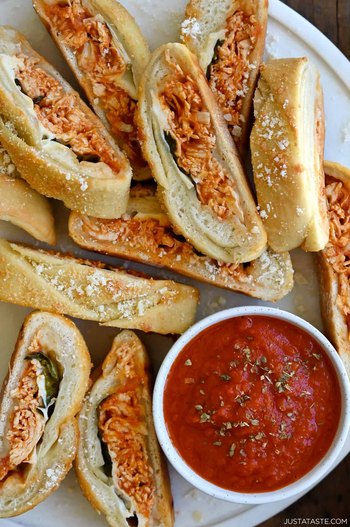 Slices of cheesy chicken Stromboli.