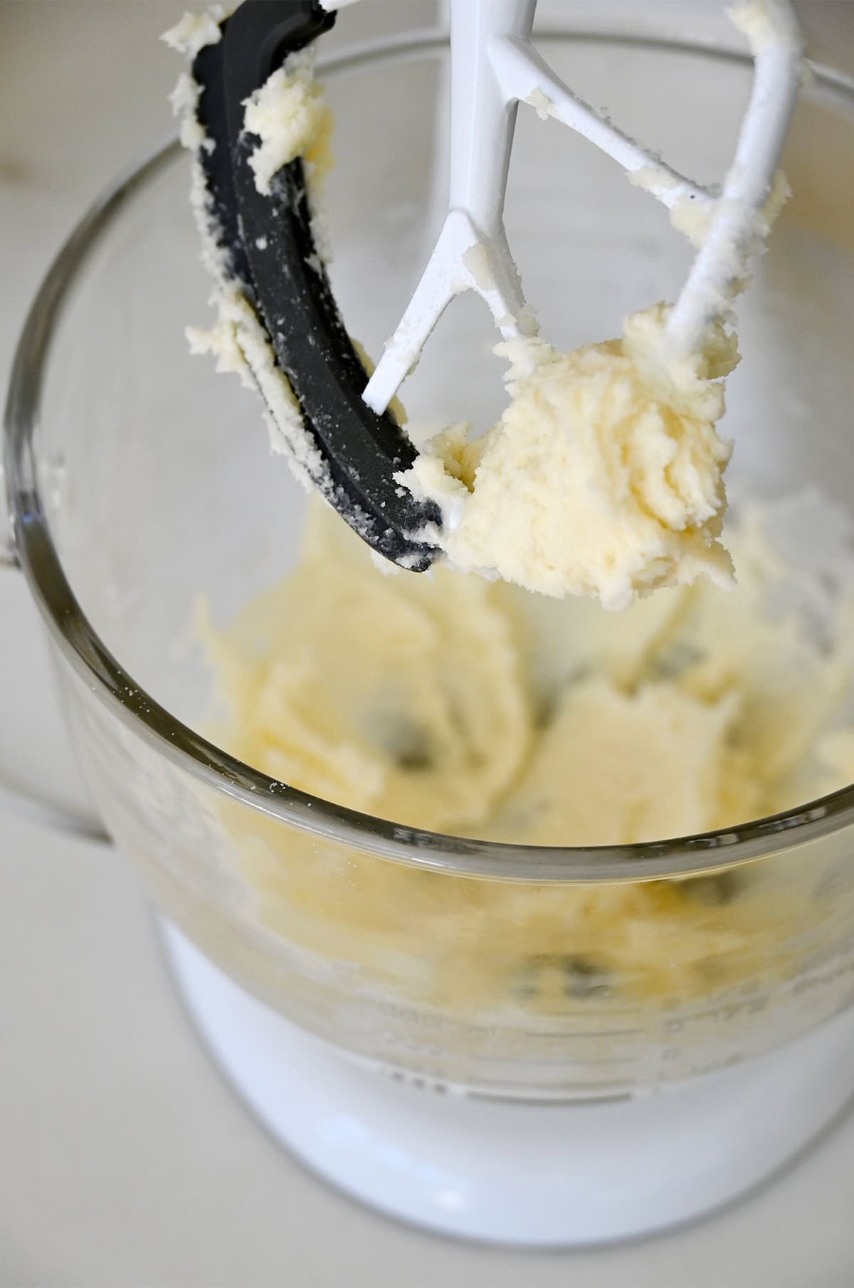 Properly creamed butter and sugar in a stand mixer bowl with the paddle attachment.