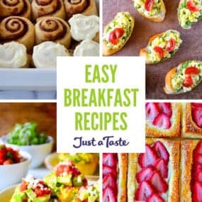 A collage of food images, including cinnamon rolls frosted with cream cheese frosting, toast with scrambled eggs, strawberry cream cheese breakfast pasties, and egg muffins.