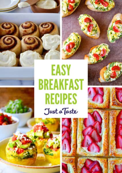 A collage of food images, including cinnamon rolls frosted with cream cheese frosting, toast with scrambled eggs, strawberry cream cheese breakfast pasties, and egg muffins.
