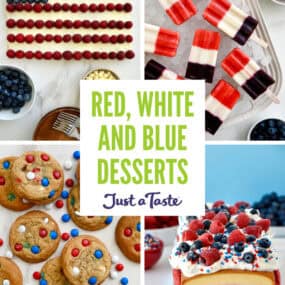 A collage of recipes, American Flag Cookie Cake, Fruit Popsicles, Ice Cream Cake and M&M Cookies.