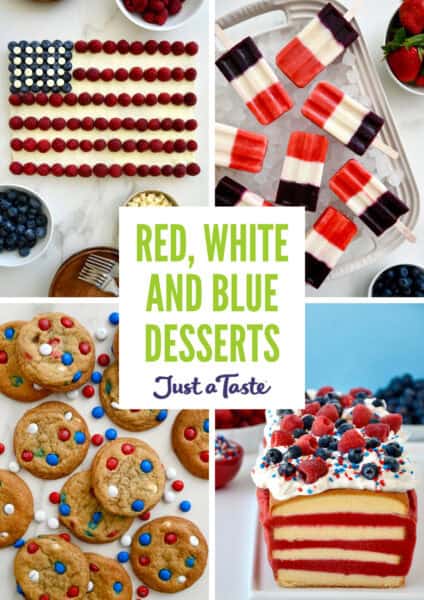 A collage of recipes, American Flag Cookie Cake, Fruit Popsicles, Ice Cream Cake and M&M Cookies.