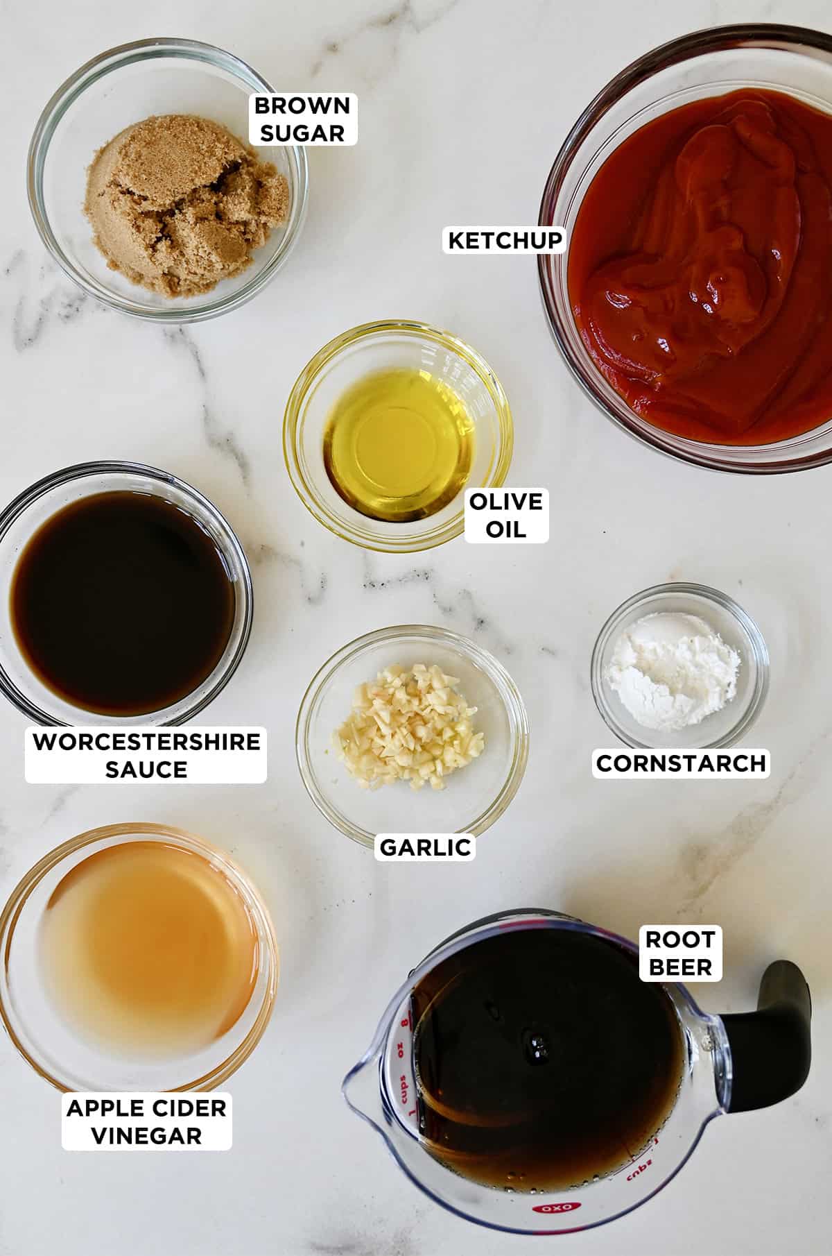Ingredients to make barbecue sauce with root beer.