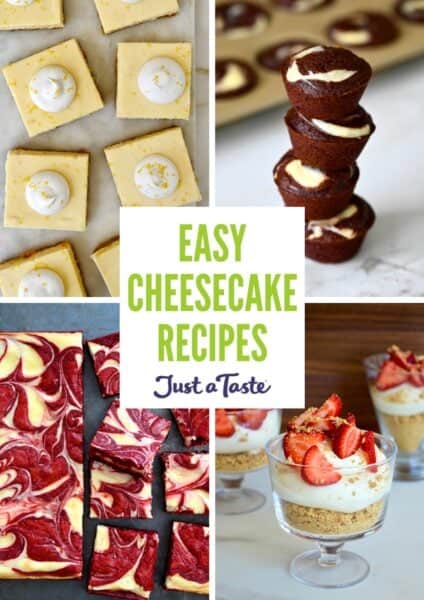 A collage of cheesecake recipes, including cheesecake bars, cheesecake brownie bites, red velvet cheesecake brownies and cheesecake parfaits.