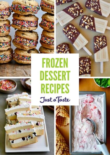 Frozen dessert recipes, including ice cream cookie sandwiches, peanut butter frozen yogurt pops, easy ice cream cake and no-churn strawberry ice cream.