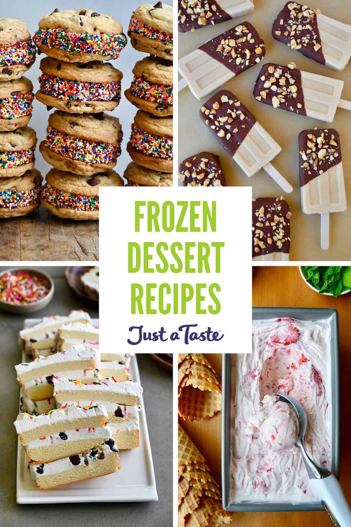 Frozen dessert recipes, including ice cream cookie sandwiches, peanut butter frozen yogurt pops, easy ice cream cake and no-churn strawberry ice cream.