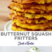 Top image: A close-up view of a tall stack of Butternut Squash Fritters topped with sour cream and chives. Bottom image: A tall stack of Butternut Squash Fritters topped with sour cream and chives with another stack out of focus in the background.