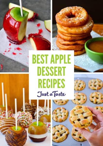 Apple desserts, including candy apples, apple fritter rings, mini apple pies and caramel apples.
