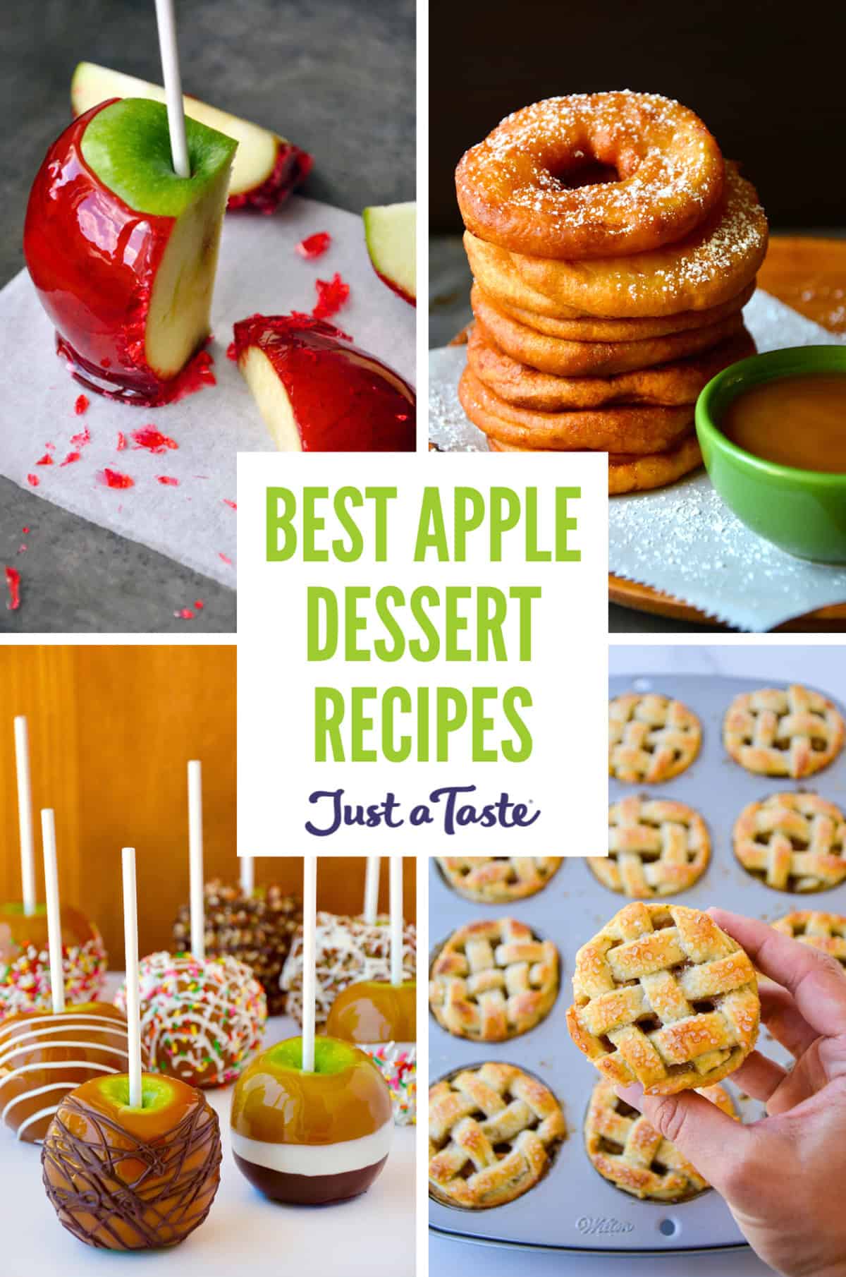 Apple desserts, including candy apples, apple fritter rings, mini apple pies and caramel apples.