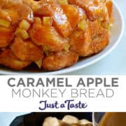 Top image: Caramel Apple Monkey Bread on a white serving plate with two green apples in the background. Bottom image: Caramel sauce being poured over biscuit dough in a bundt pan.