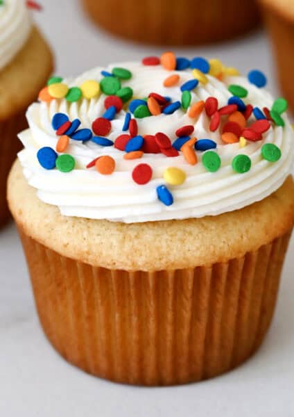 A vanilla cupcake topped with vanilla buttercream frosting and confetti sprinkles.