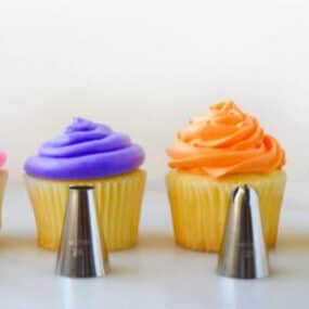 Four Popular Piping Tips in front of four frosted cupcakes