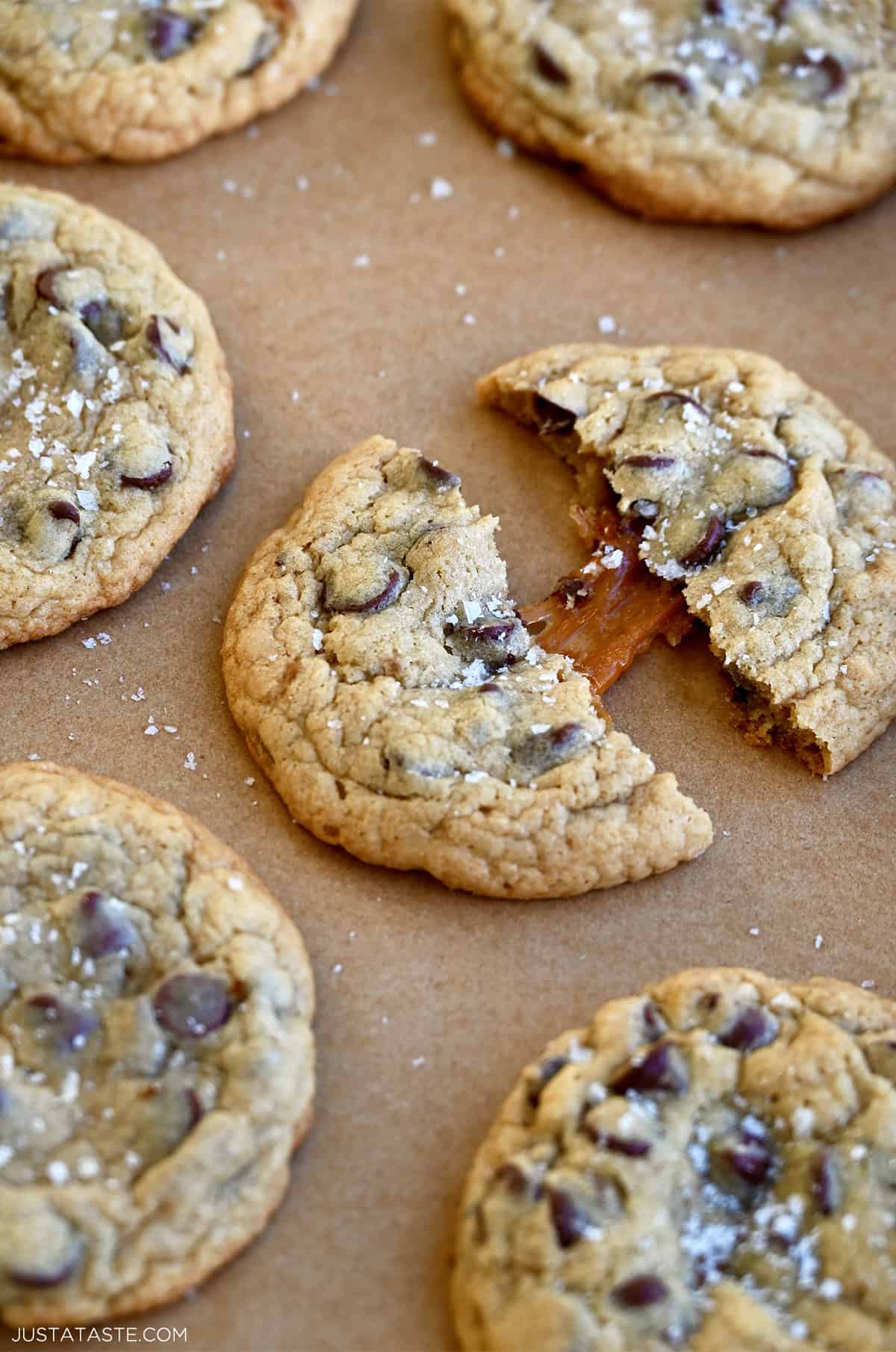 Chocolate chip cookies with a gooey caramel center.